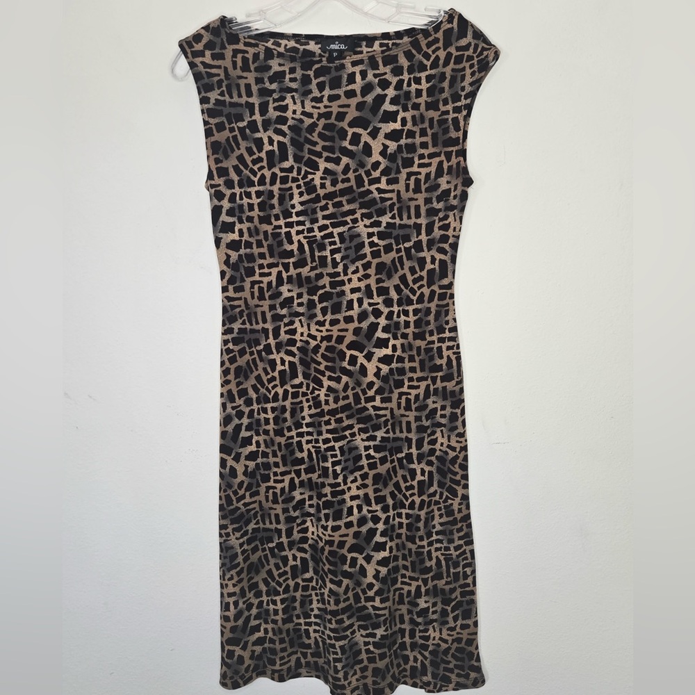 Mica Petite Dress Brown Black Abstract Print Sleeveless Stretch Midi